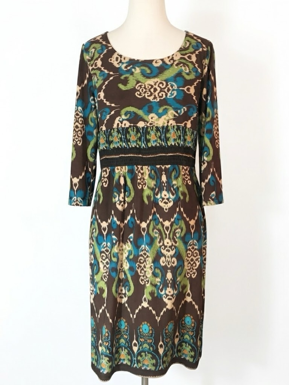 Chris McLaughlin Brown Ikat Floral Empire Waist Dress Size 12